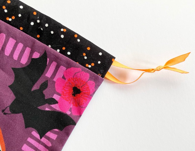 Ribbon drawstring on finished Halloween sack