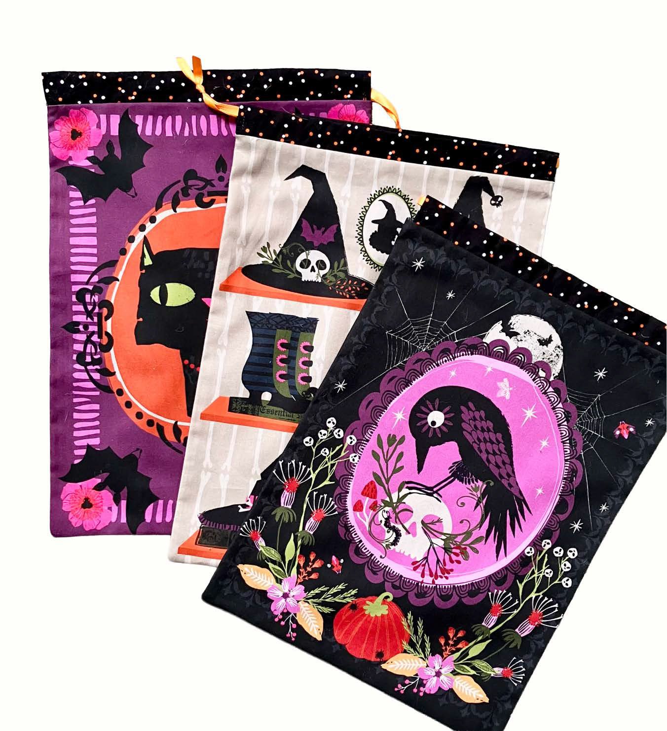 Finished Halloween sacks made with Hocus Pocus fabrics