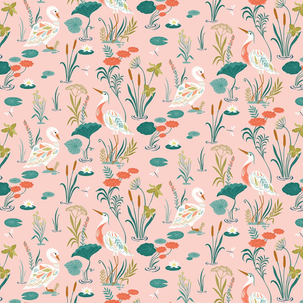 Wading birds surrounded by reeds and flowers on a pale pink background