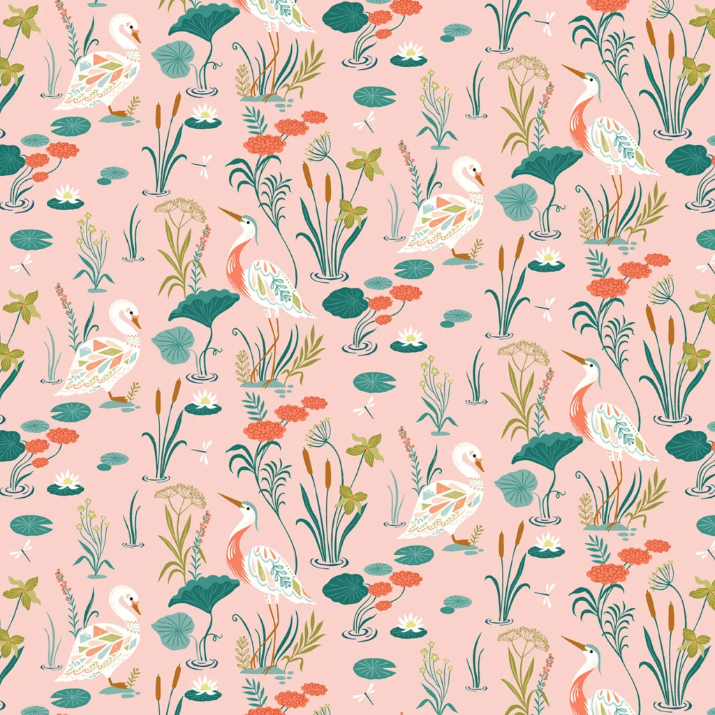 Wading birds surrounded by reeds and flowers on a pale pink background