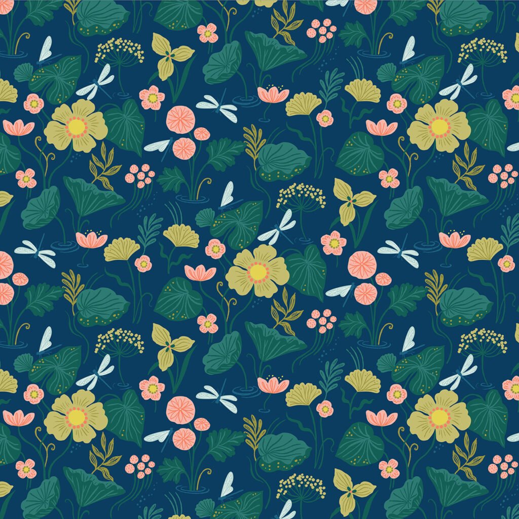 Dragonflies flying around flowers and lily pads on a deep blue background