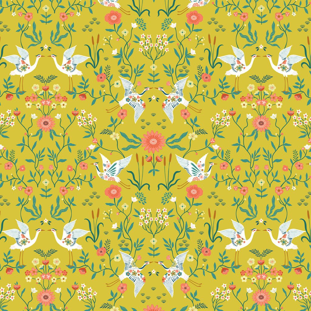 Herons taking flight on a bright yellow background surrounded by flowers and reeds