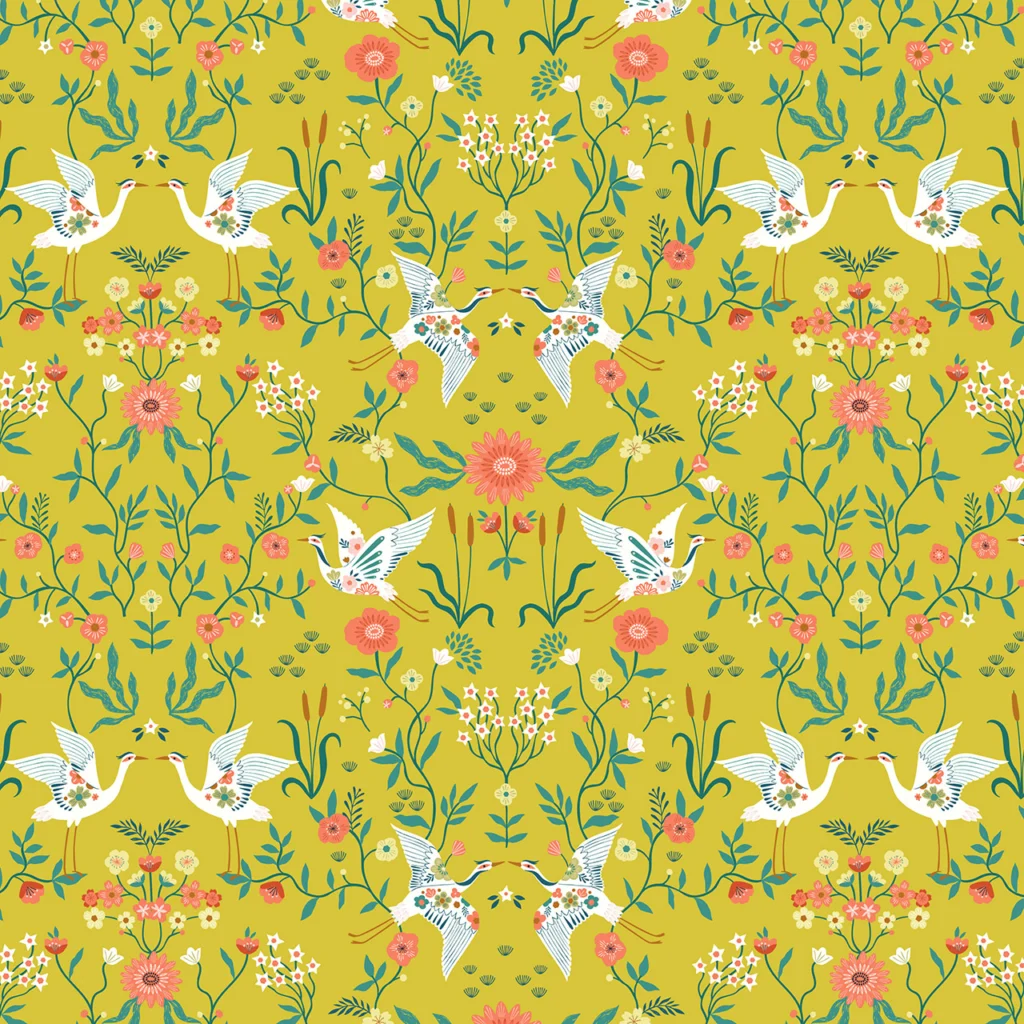 Herons taking flight on a bright yellow background surrounded by flowers and reeds