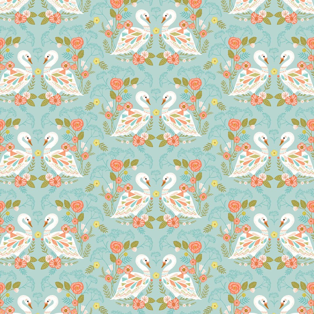 Pairs of swans facing each other on an aqua background