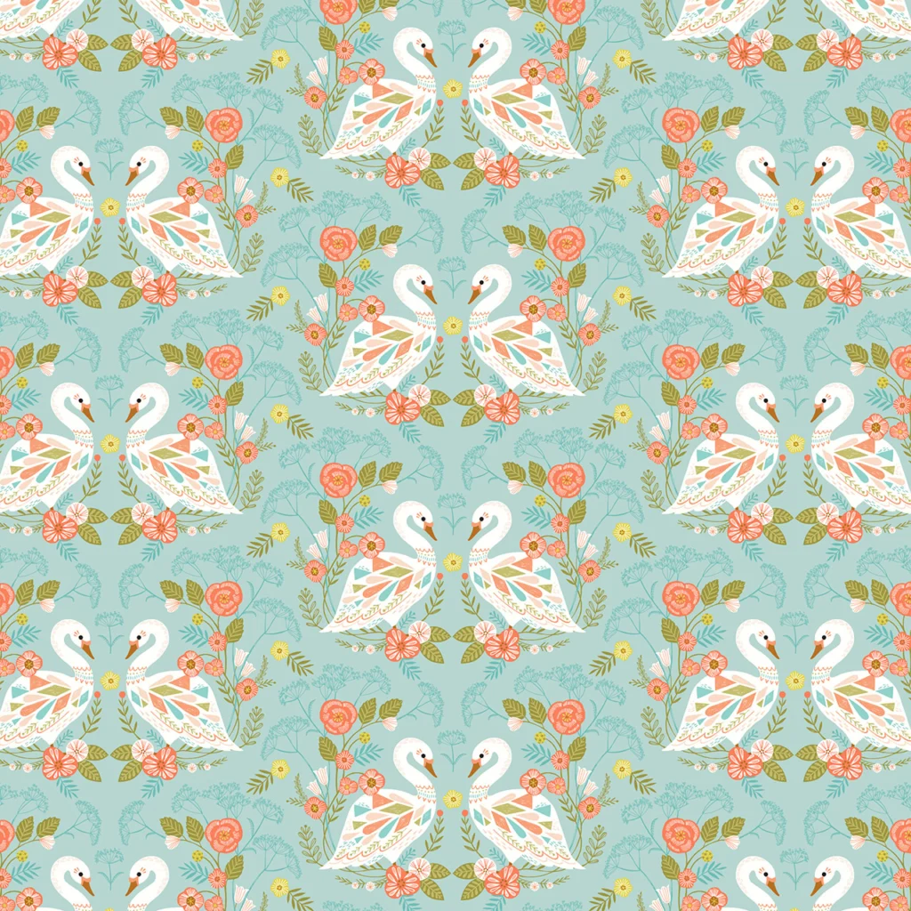 Pairs of swans facing each other on an aqua background