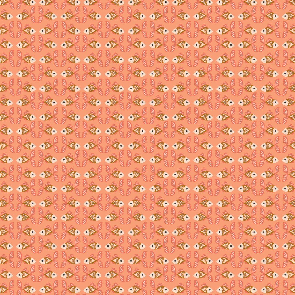 Tiny fish in a symmetrical pattern on a coral background
