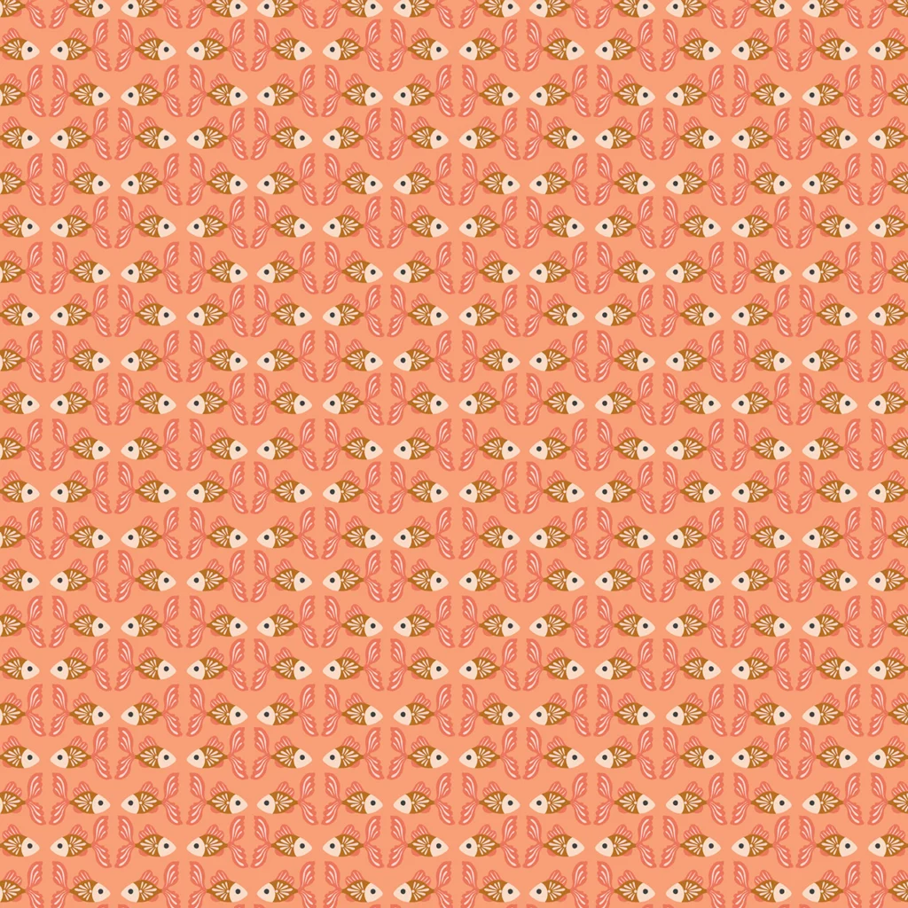 Tiny fish in a symmetrical pattern on a coral background