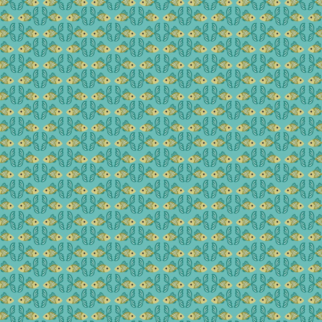Tiny fish in a symmetrical pattern on a turquoise background