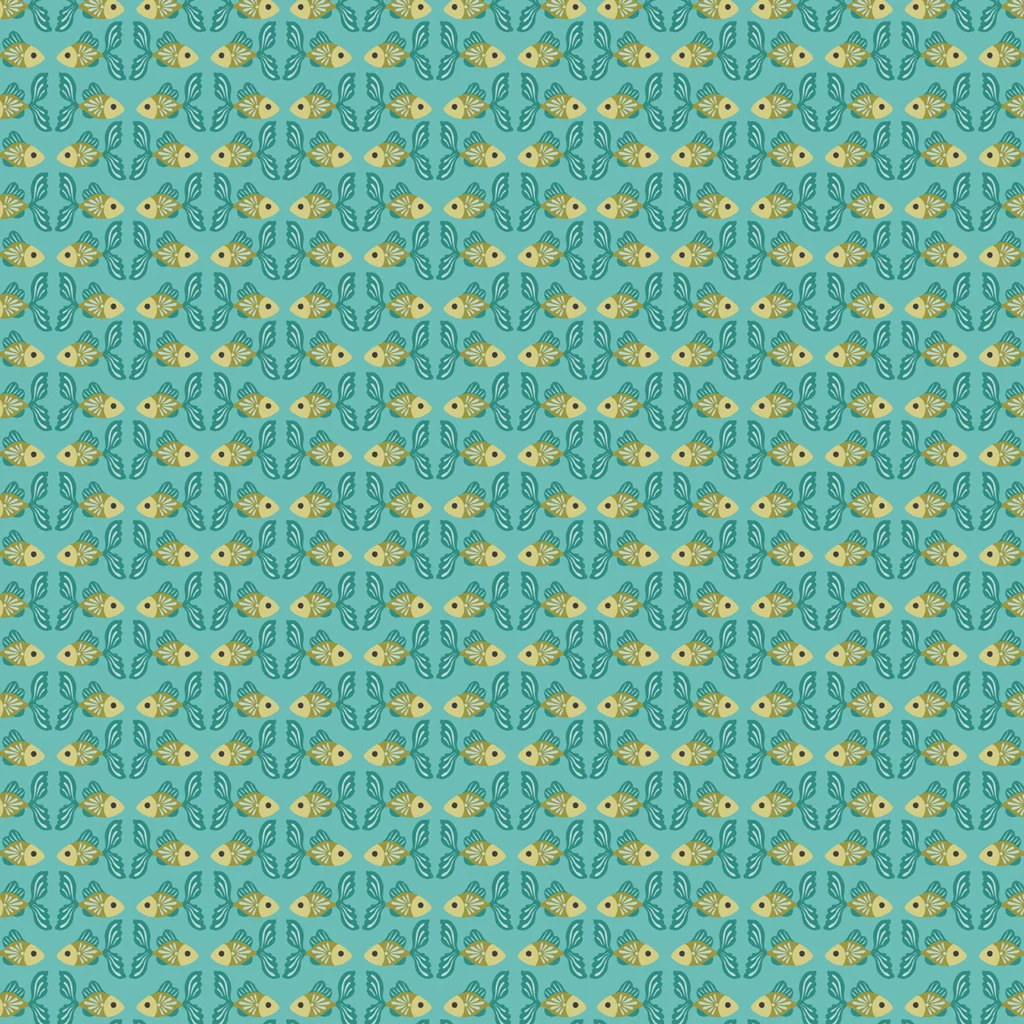Tiny fish in a symmetrical pattern on a turquoise background