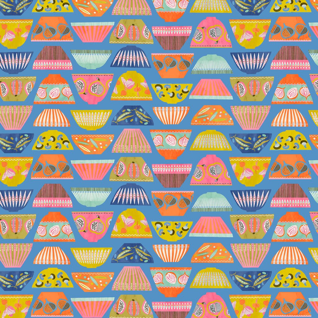 Colourful bowls in horizontal row, some are upside down, on a capri blue background.