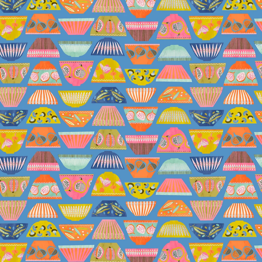 Colourful bowls in horizontal row, some are upside down, on a capri blue background.