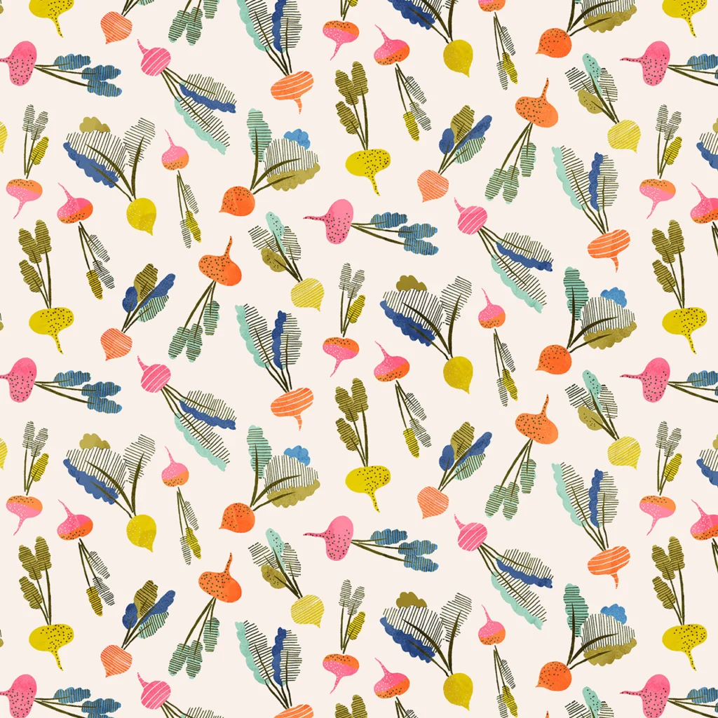 Colourful radishes on a cream background.