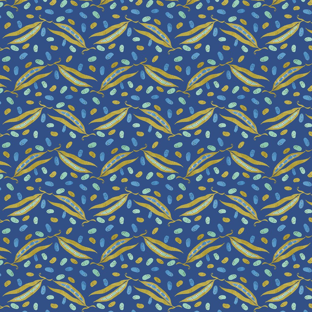 Green beans on a deep blue background.