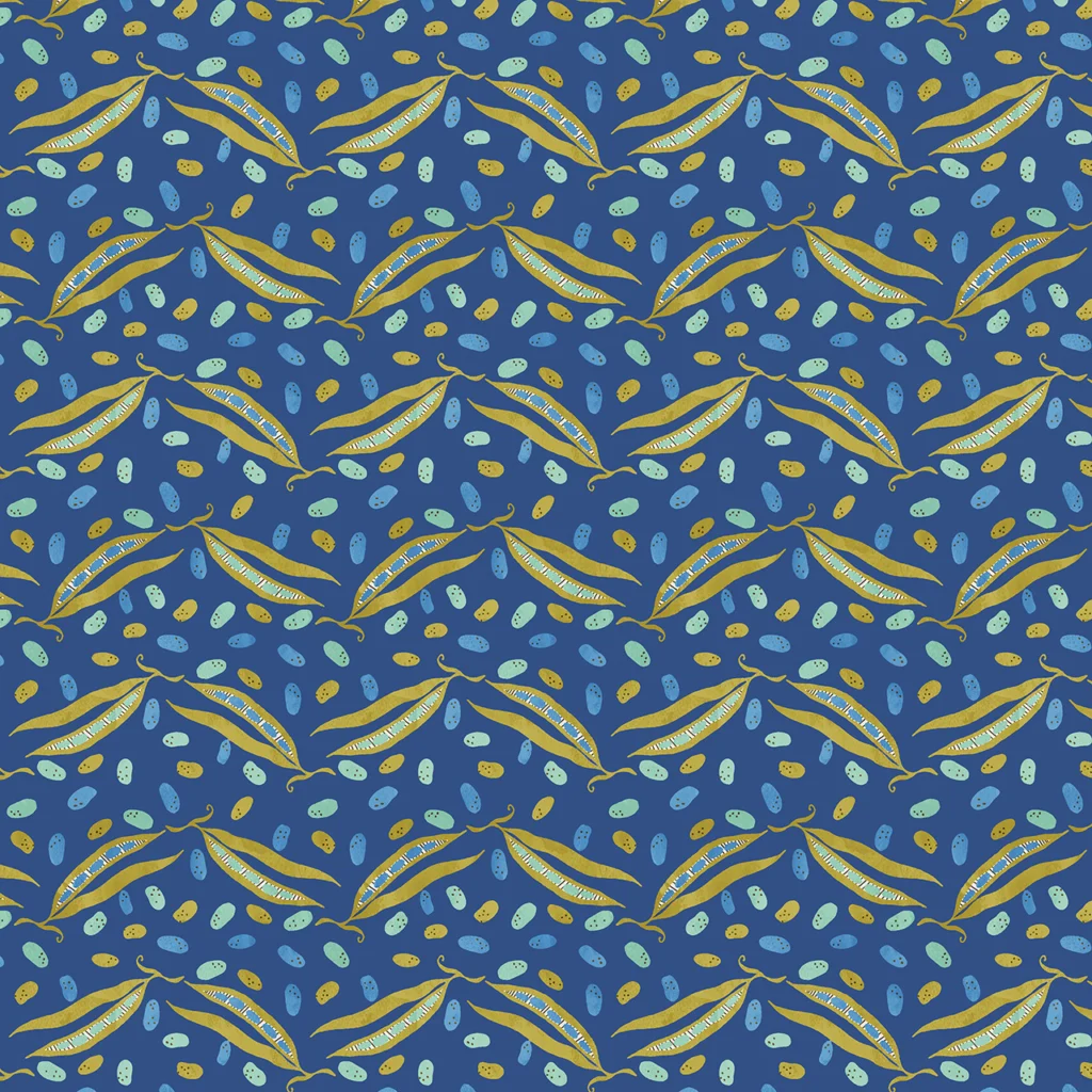 Green beans on a deep blue background.