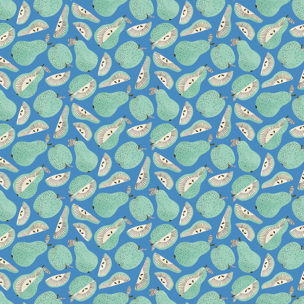 Green apples & pears on a capri blue background