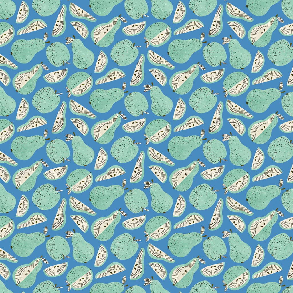 Green apples & pears on a capri blue background