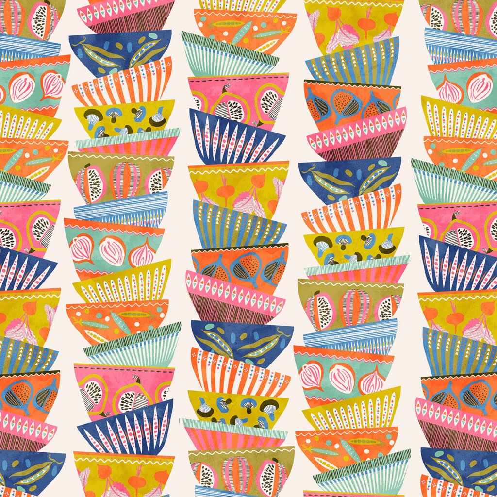 Colourful bowls stacked up on top of each other.