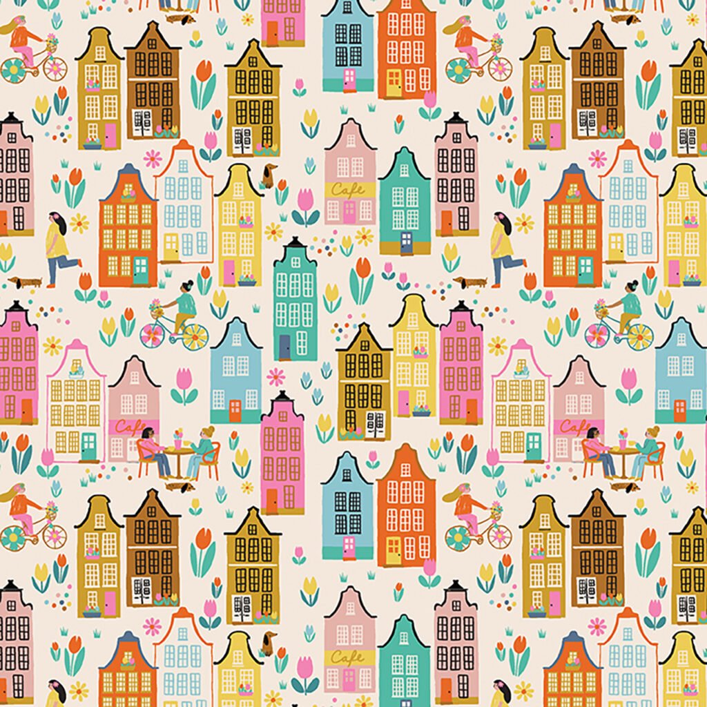 Lot's of little colourful houses with people socialising around them.