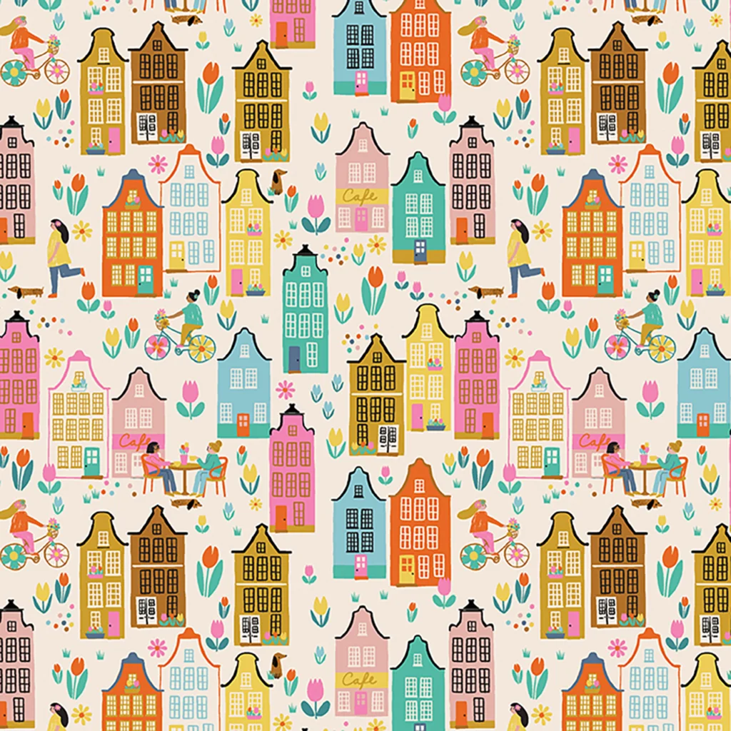 Lot's of little colourful houses with people socialising around them.