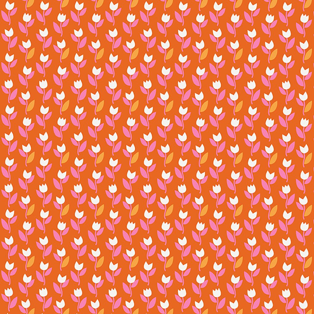 Ditzy tulips on a flame (orange/red) coloured background.