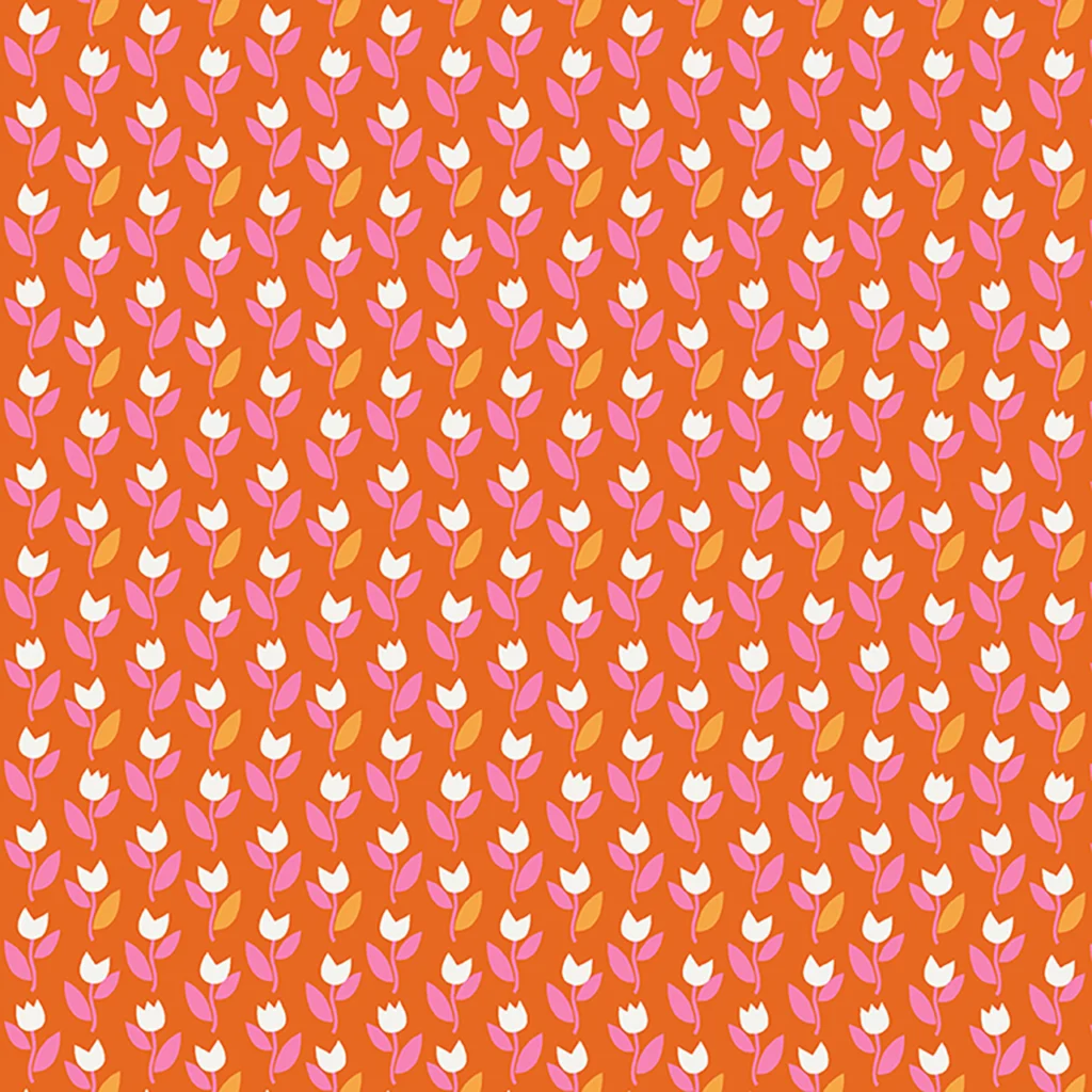 Ditzy tulips on a flame (orange/red) coloured background.