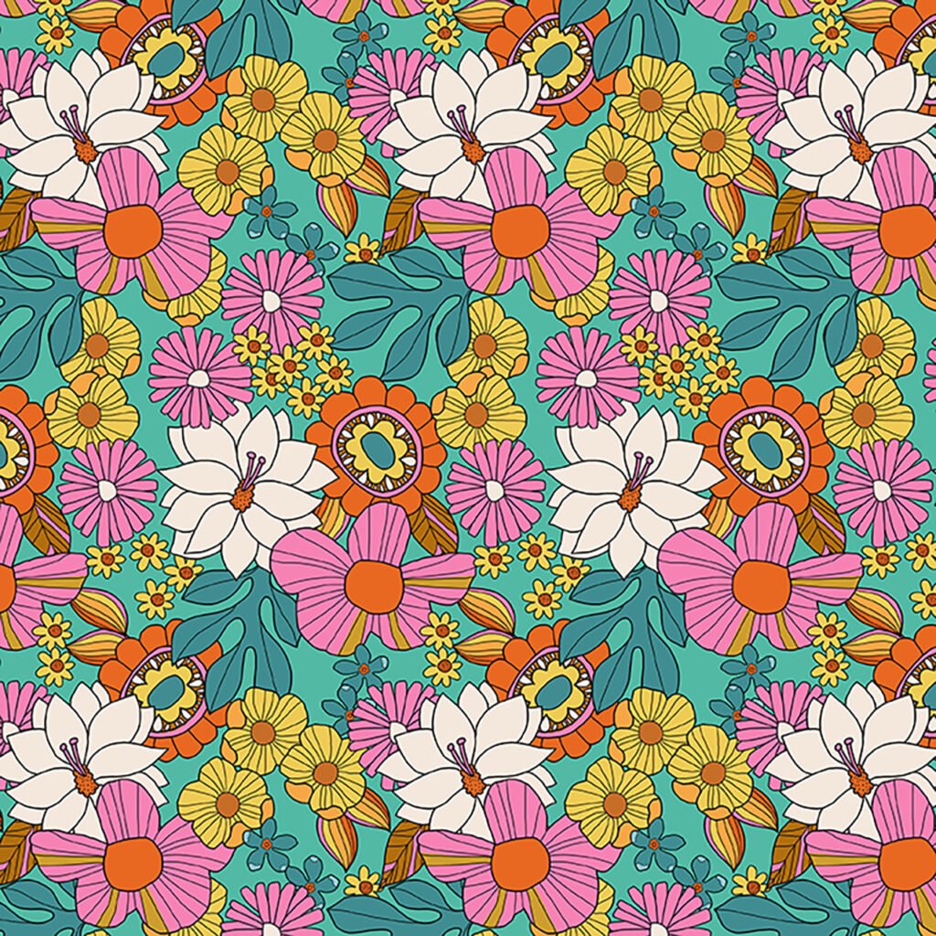 Multi-coloured dahlia looking flowers on a jade background.