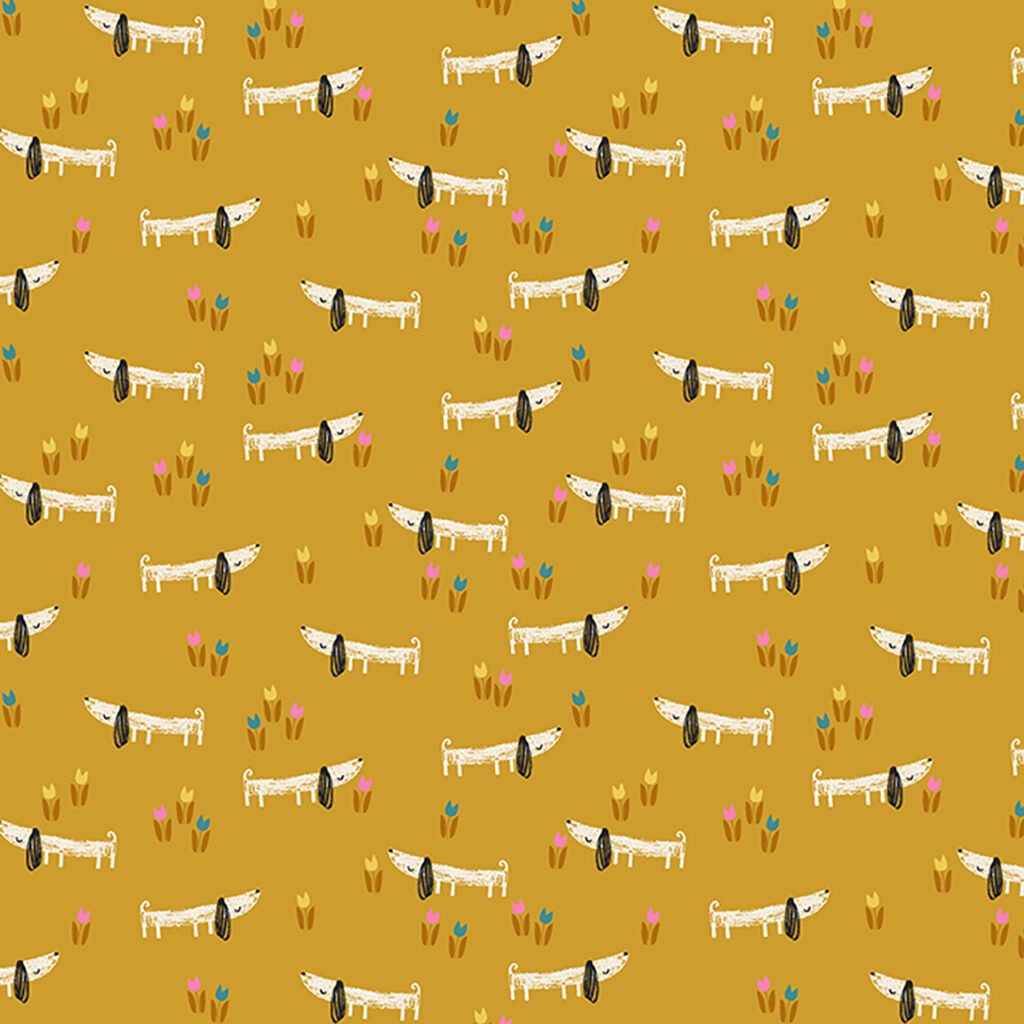 A repeated ditzy dachshund called Bertie on a mustard background