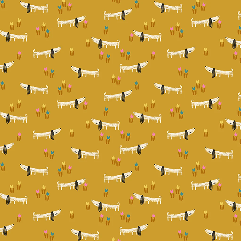 A repeated ditzy dachshund called Bertie on a mustard background