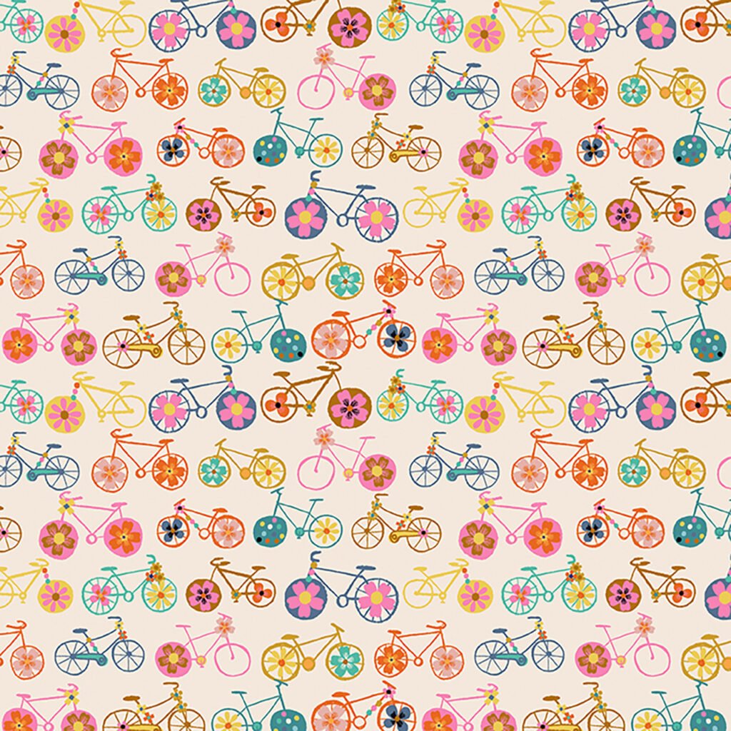 Multi-coloured bicycles with flowers and floral wheels on an ecru background.