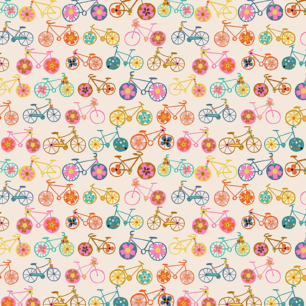 Multi-coloured bicycles with flowers and floral wheels on an ecru background.