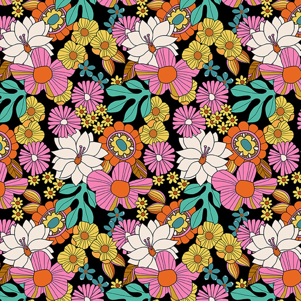 Multi-coloured dahlia looking flowers on a black background.