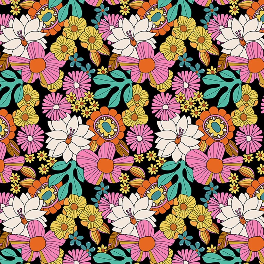 Multi-coloured dahlia looking flowers on a black background.