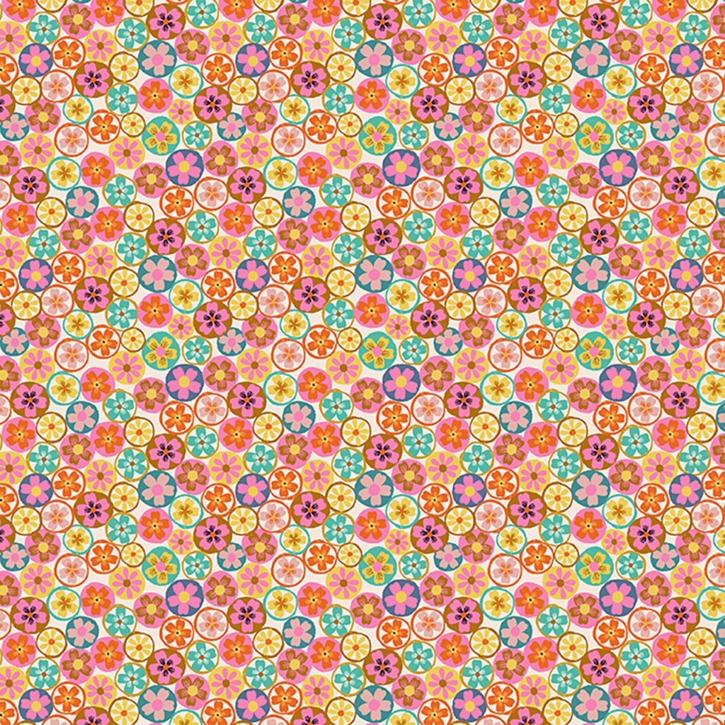 Ditzy colourful flowers all on top of each other looking like a burst of colour bloom.