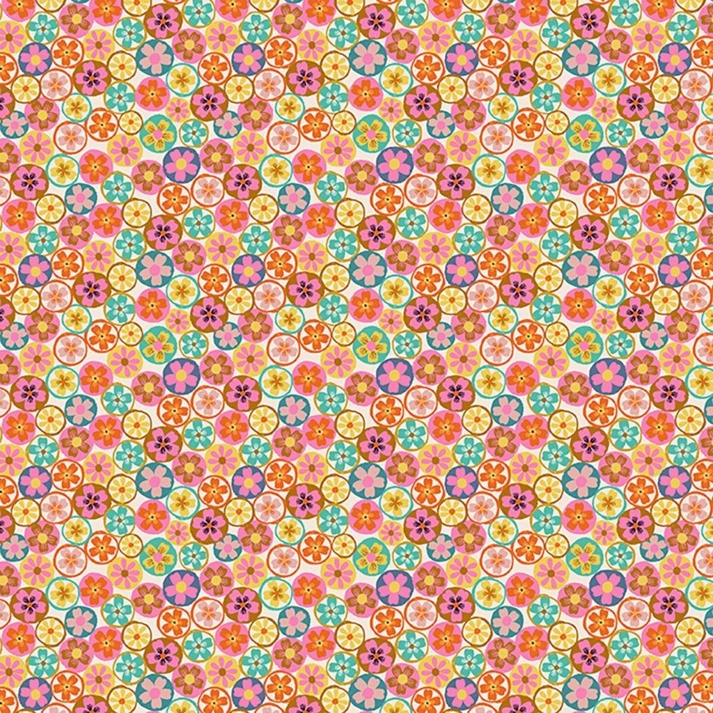 Ditzy colourful flowers all on top of each other looking like a burst of colour bloom.