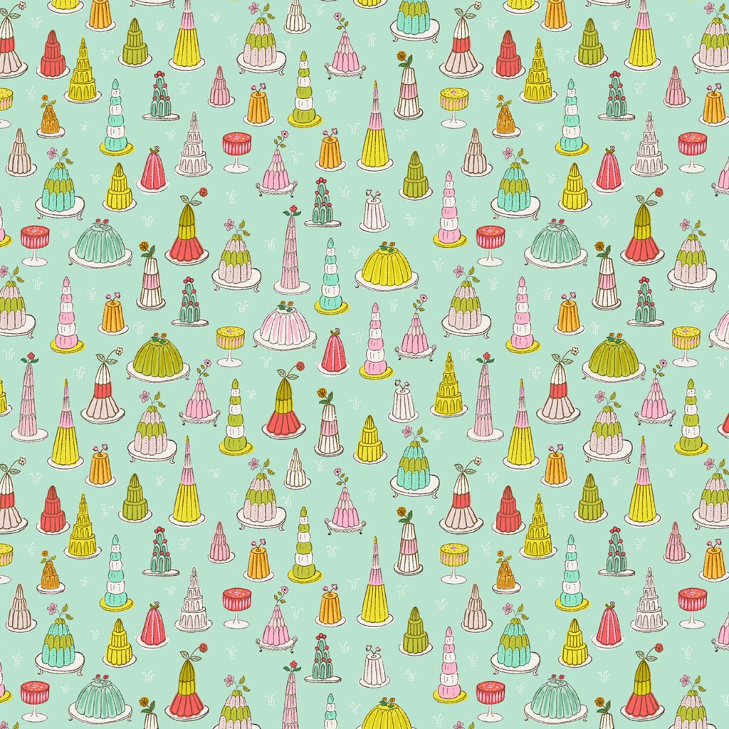 Multi-coloured jellies on a light green background.