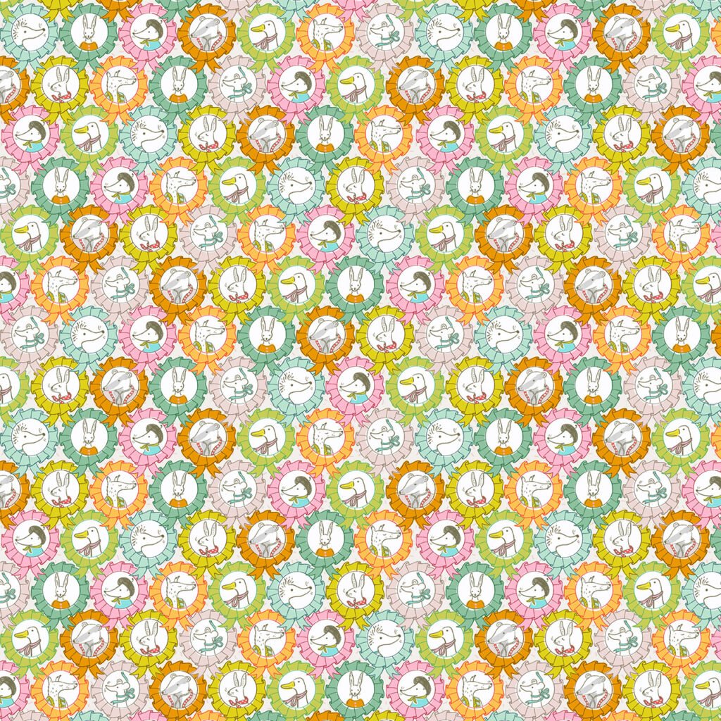 Small cute furry animals centred in multi-coloured rosettes.