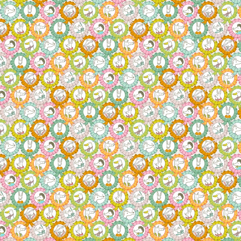 Small cute furry animals centred in multi-coloured rosettes.