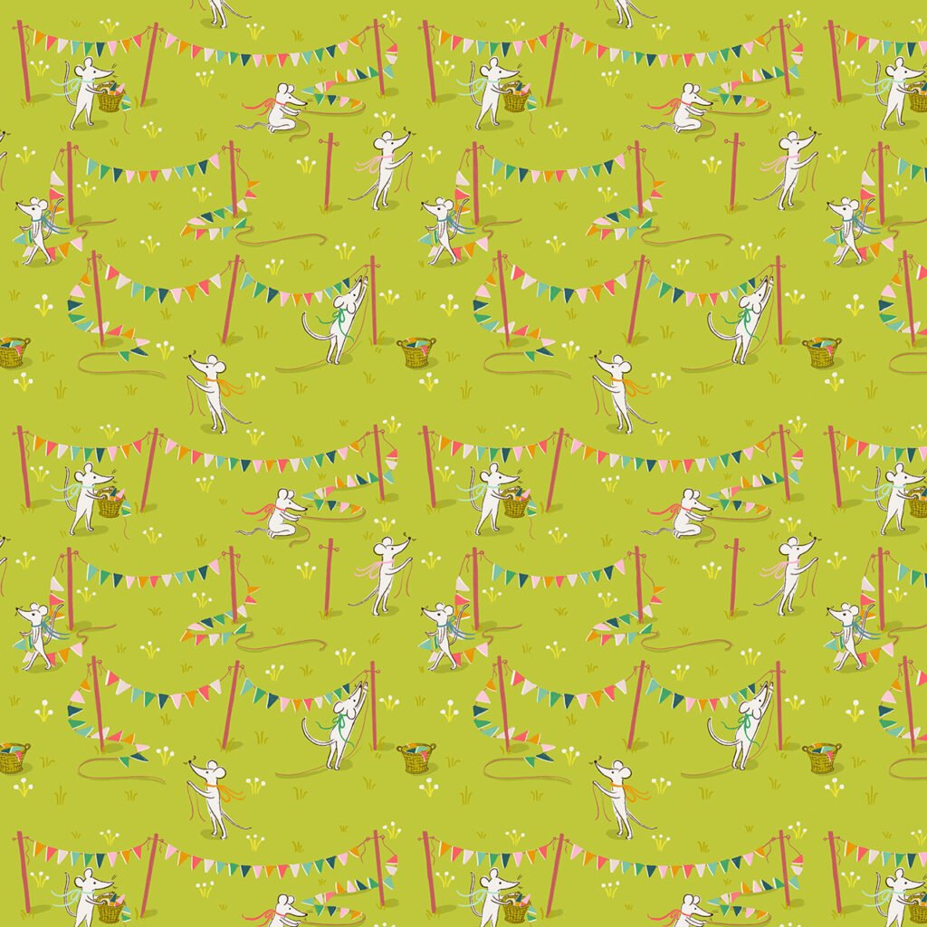 Small cute mice putting up multi-coloured bunting.