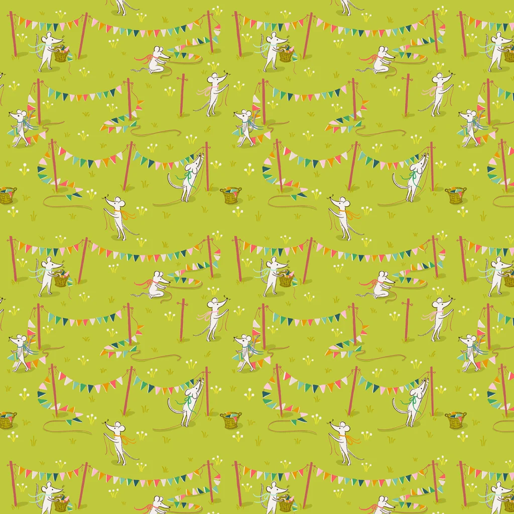 Small cute mice putting up multi-coloured bunting.