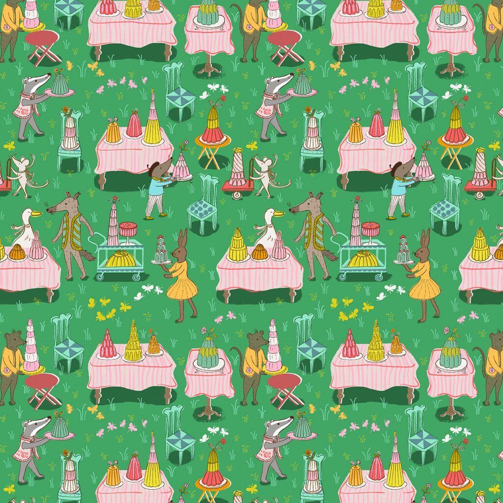 Furry little friends having tea and jelly on a green background.