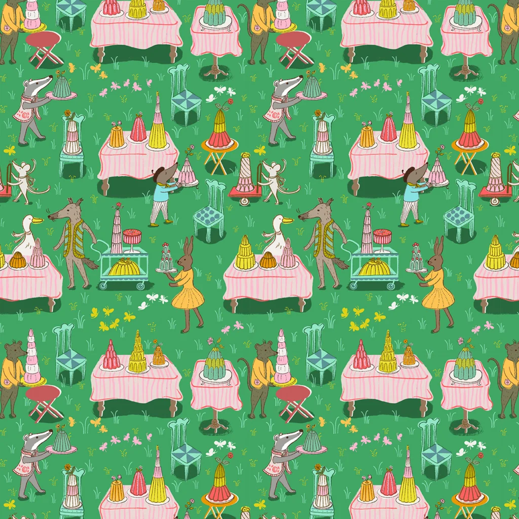 Furry little friends having tea and jelly on a green background.