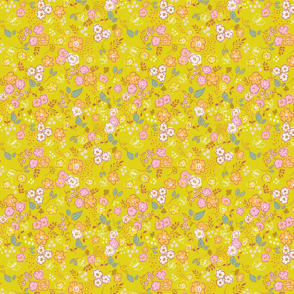 Multi-coloured daisy style flowers on a bright yellow coloured background.