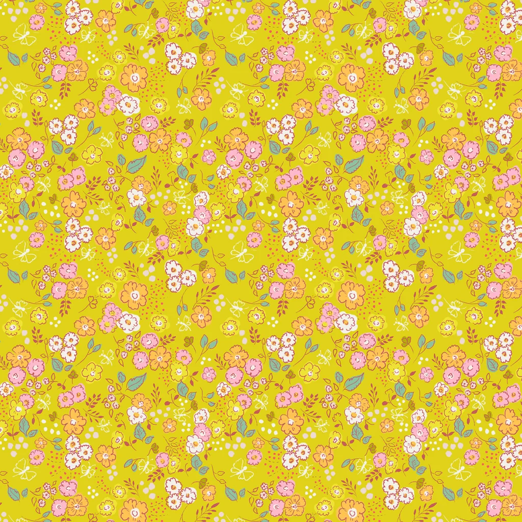 Multi-coloured daisy style flowers on a bright yellow coloured background.