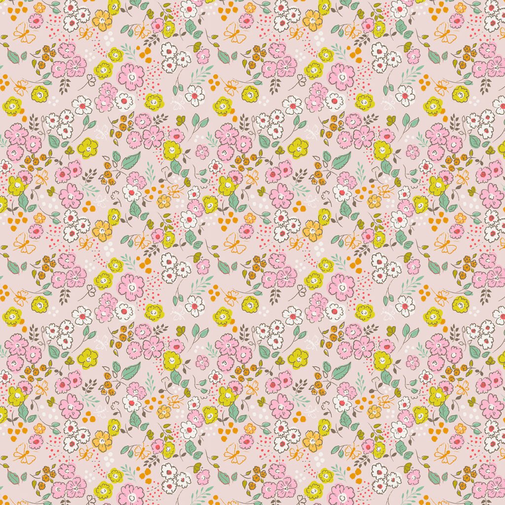 Multi-coloured daisy style flowers on a rose coloured background.