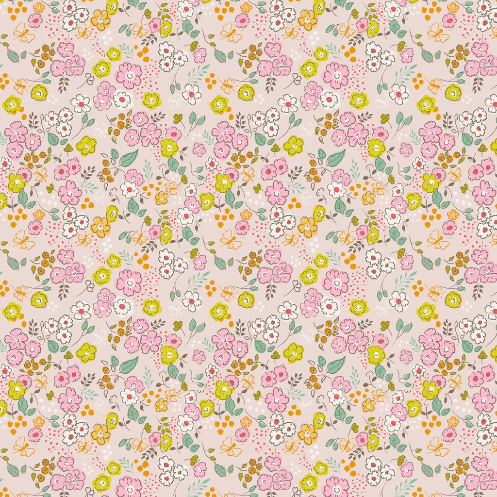 Multi-coloured daisy style flowers on a rose coloured background.