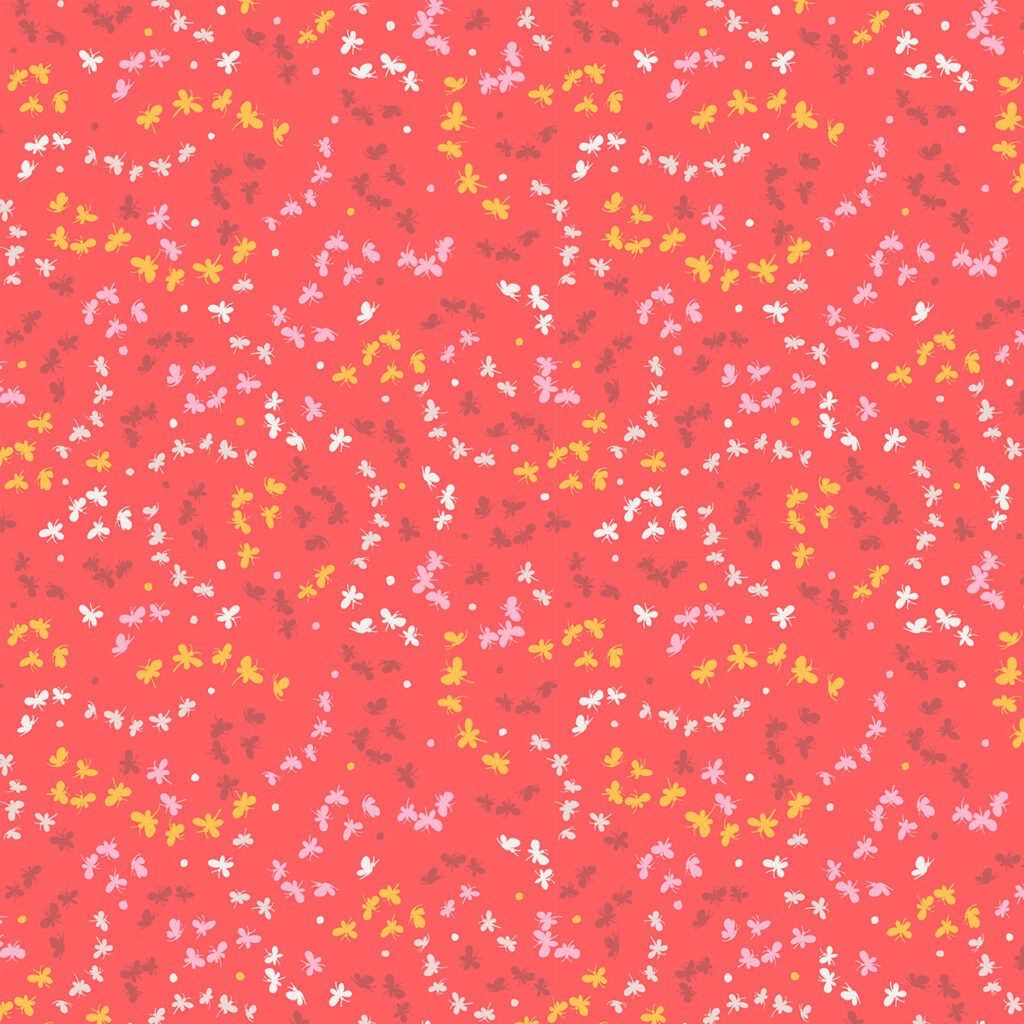 Multi-coloured small butterflies on a red (poppy coloured) background