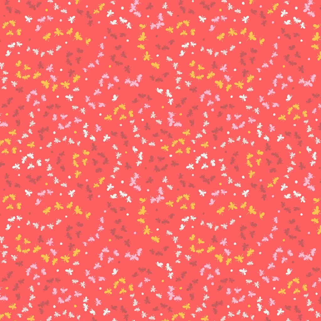 Multi-coloured small butterflies on a red (poppy coloured) background