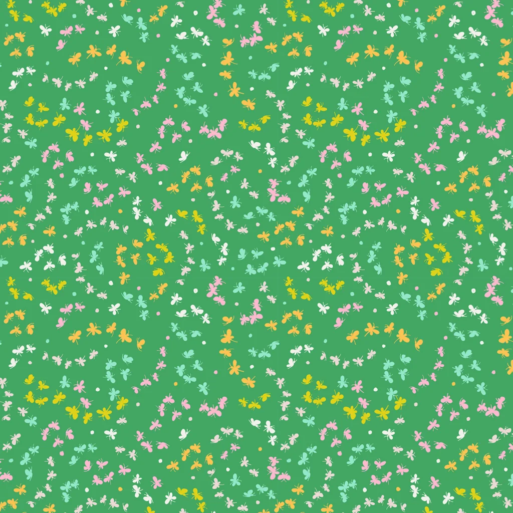 Multi-coloured small butterflies on a green (grass coloured) background