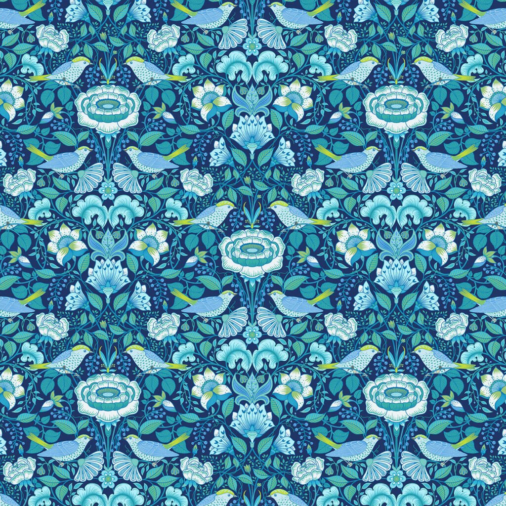 Beautiful birds and flowers in an Indigo coloured garden background.