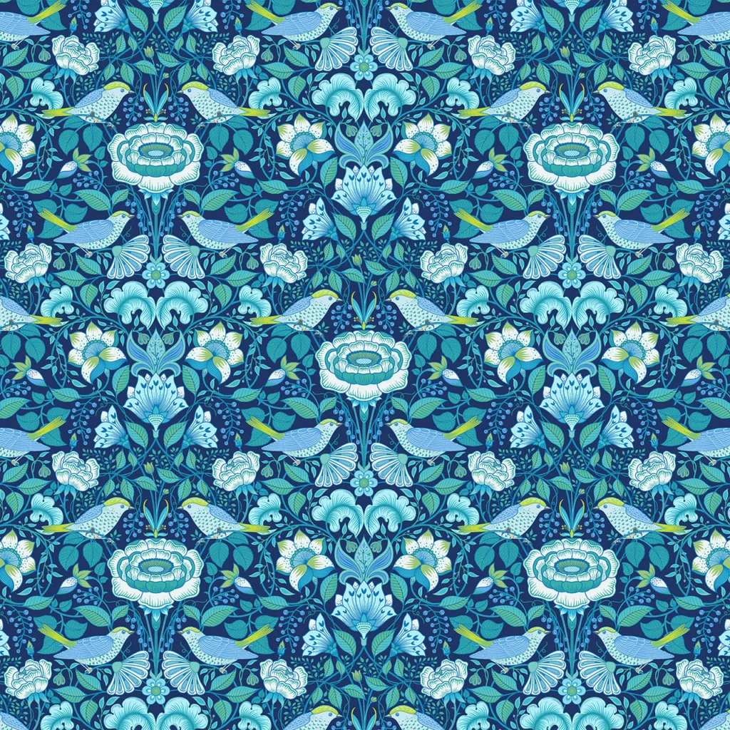 Beautiful birds and flowers in an Indigo coloured garden background.